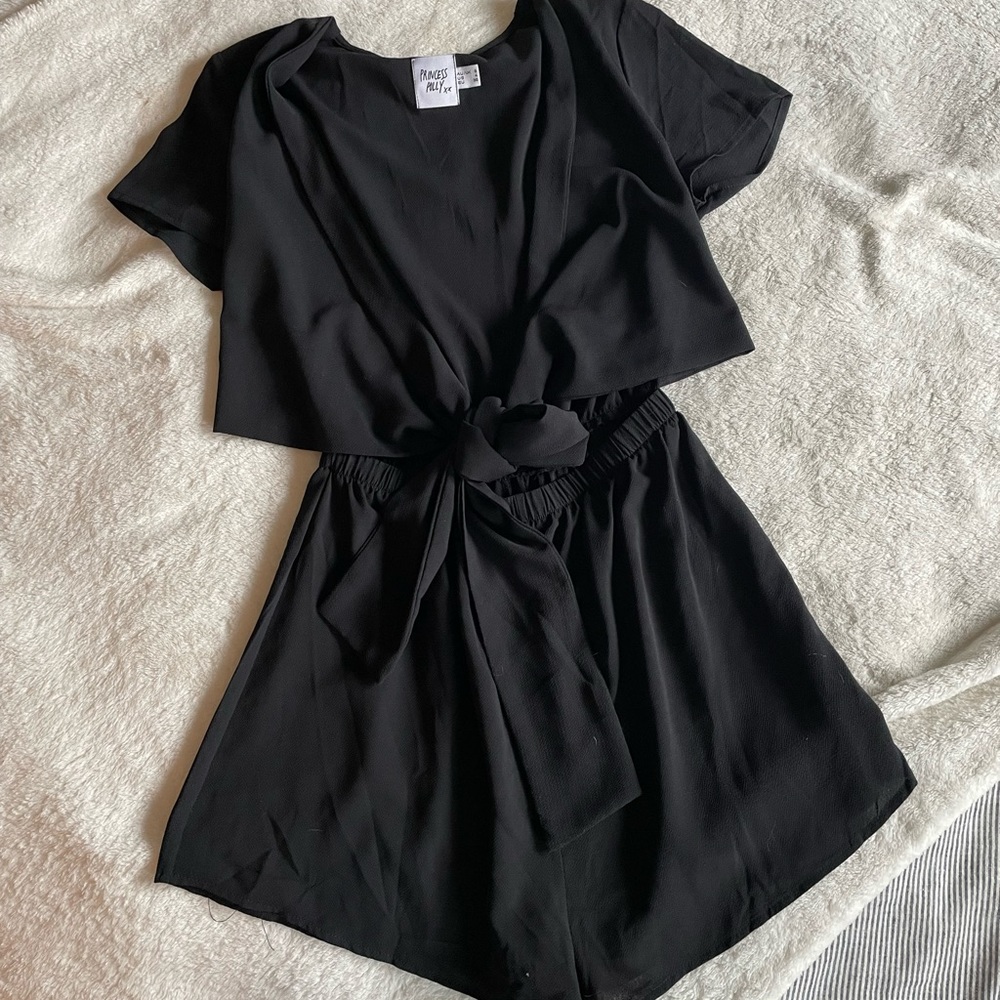 Princess Polly Black Tie Front Midriff Shorts Romper